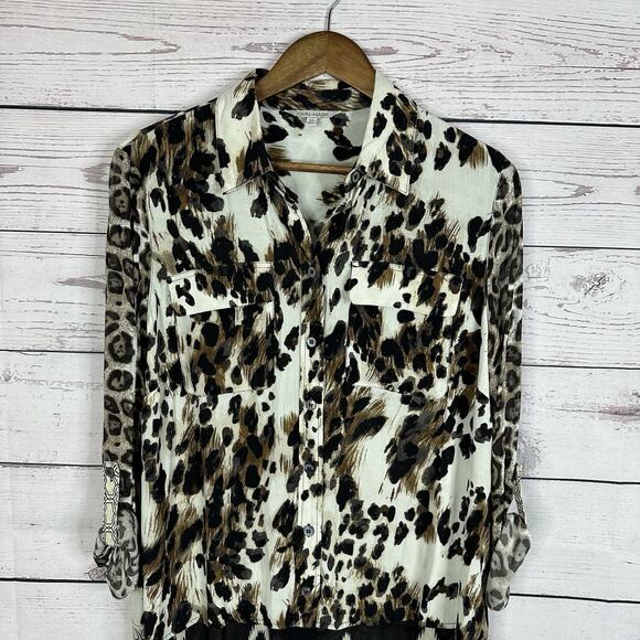 John Mark Shirt Top Womens Medium Brown Animal Print Art Light Weight Boxy - Picture 2 of 9